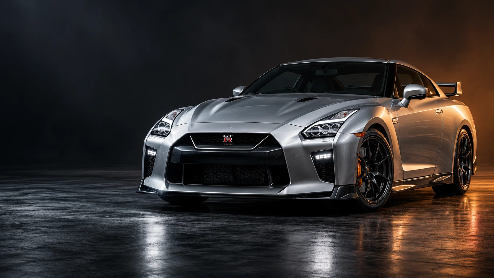 Silver Nissan GT-R in a dark studio, illustrative image